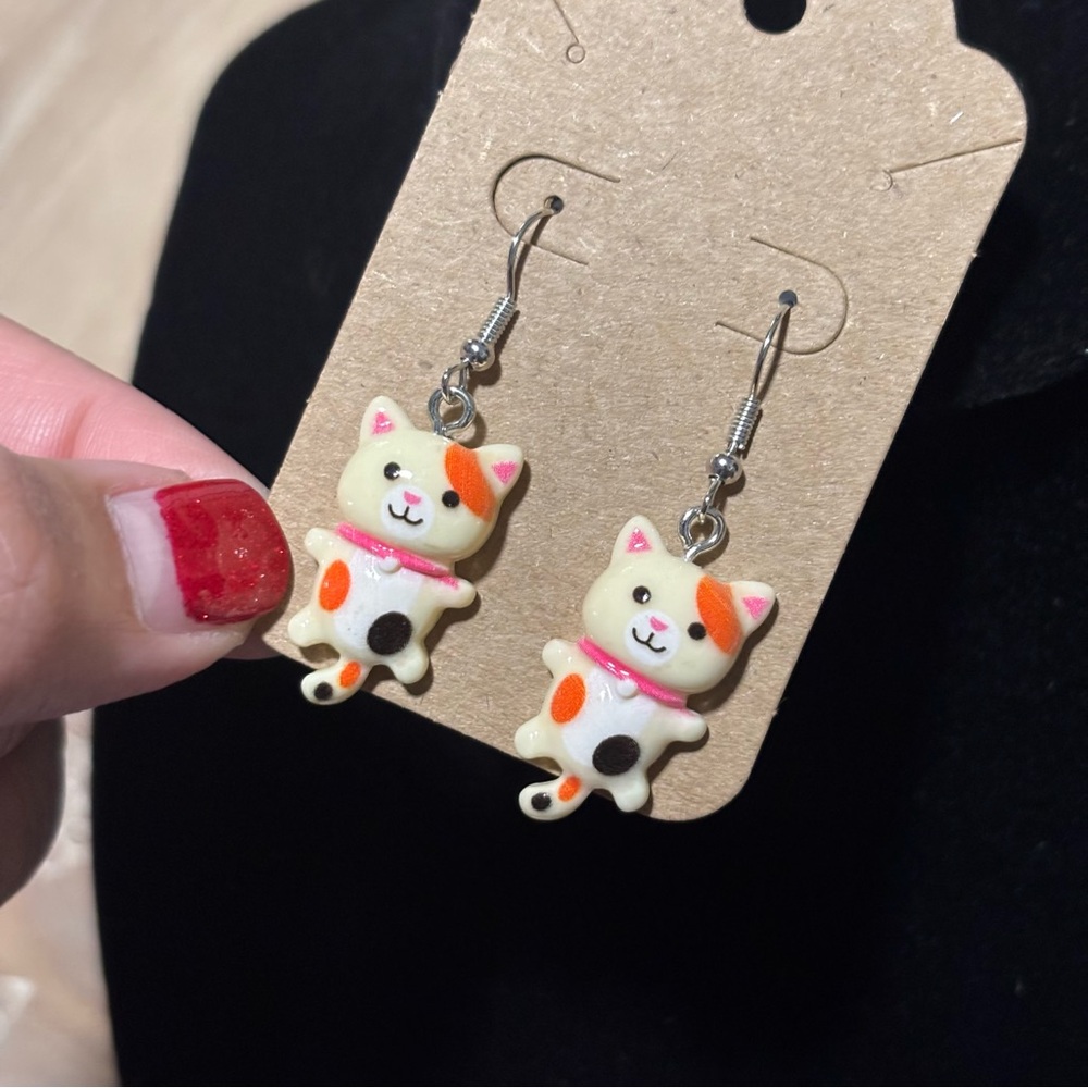 Cute Resin Calico Cat Dangle Tail, Hook Earrings - Super Cute Kitty Cat Earring